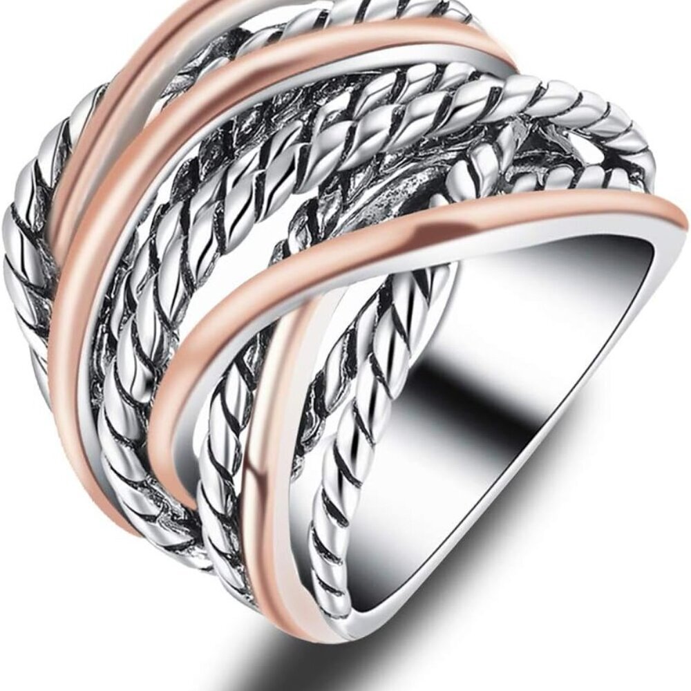 Wide Band Rings Twisted Rope Ring Two-Tone Mixed Metal Braided Statement Rings F